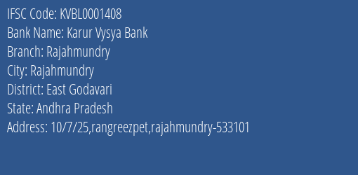 Karur Vysya Bank Rajahmundry Branch, Branch Code 001408 & IFSC Code KVBL0001408