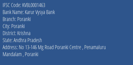 Karur Vysya Bank Poranki Branch Krishna IFSC Code KVBL0001463