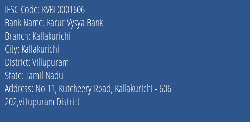 Karur Vysya Bank Kallakurichi Branch Villupuram IFSC Code KVBL0001606