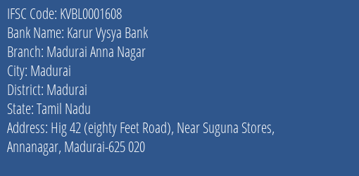 Karur Vysya Bank Madurai Anna Nagar Branch IFSC Code