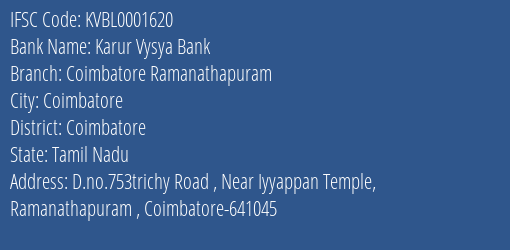 Karur Vysya Bank Coimbatore Ramanathapuram Branch, Branch Code 001620 & IFSC Code KVBL0001620