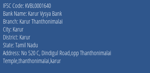 Karur Vysya Bank Karur Thanthonimalai Branch, Branch Code 001640 & IFSC Code KVBL0001640