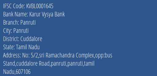 Karur Vysya Bank Panruti Branch, Branch Code 001645 & IFSC Code KVBL0001645