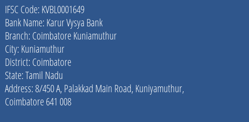 Karur Vysya Bank Coimbatore Kuniamuthur Branch IFSC Code