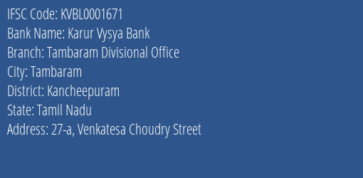 Karur Vysya Bank Tambaram Divisional Office Branch IFSC Code