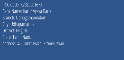 Karur Vysya Bank Udhagamandalam Branch IFSC Code