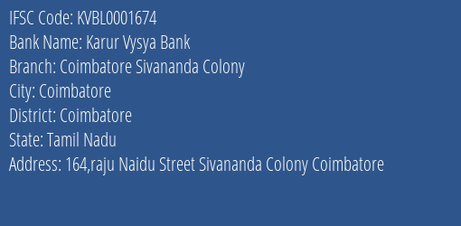 Karur Vysya Bank Coimbatore Sivananda Colony Branch IFSC Code