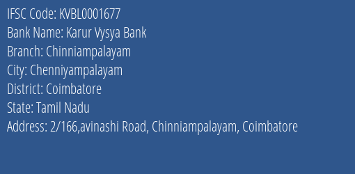 Karur Vysya Bank Chinniampalayam Branch, Branch Code 001677 & IFSC Code KVBL0001677