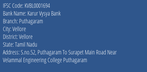 Karur Vysya Bank Puthagaram Branch Vellore IFSC Code KVBL0001694