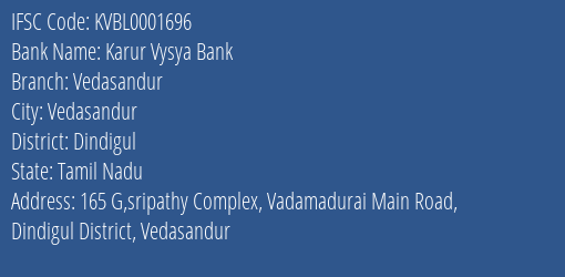 Karur Vysya Bank Vedasandur Branch IFSC Code