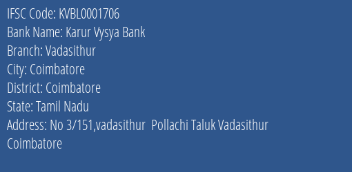 Karur Vysya Bank Vadasithur Branch, Branch Code 001706 & IFSC Code KVBL0001706