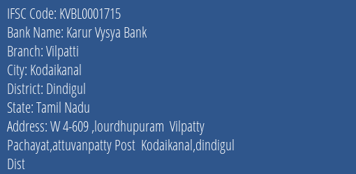 Karur Vysya Bank Vilpatti Branch IFSC Code