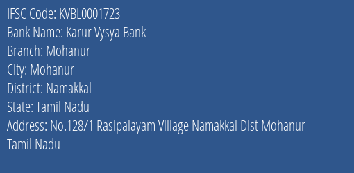 Karur Vysya Bank Mohanur Branch Namakkal IFSC Code KVBL0001723