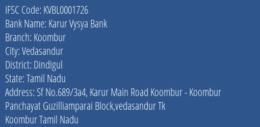 Karur Vysya Bank Koombur Branch, Branch Code 001726 & IFSC Code KVBL0001726