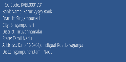 Karur Vysya Bank Singampuneri Branch IFSC Code
