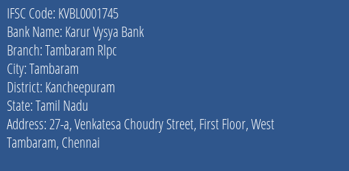 Karur Vysya Bank Tambaram Rlpc Branch IFSC Code