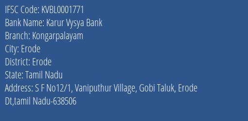 Karur Vysya Bank Kongarpalayam Branch Erode IFSC Code KVBL0001771