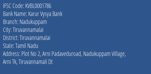 Karur Vysya Bank Nadukuppam Branch Tiruvannamalai IFSC Code KVBL0001786
