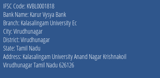 Karur Vysya Bank Kalasalingam University Ec Branch Virudhunagar IFSC Code KVBL0001818