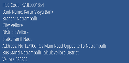 Karur Vysya Bank Natrampalli Branch Vellore IFSC Code KVBL0001854