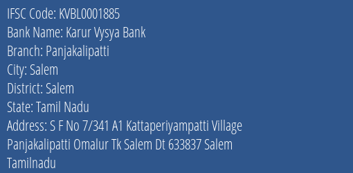 Karur Vysya Bank Panjakalipatti Branch Salem IFSC Code KVBL0001885