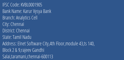Karur Vysya Bank Analytics Cell Branch Chennai IFSC Code KVBL0001905
