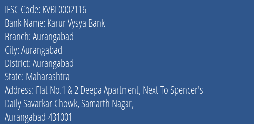 Karur Vysya Bank Aurangabad Branch, Branch Code 002116 & IFSC Code KVBL0002116