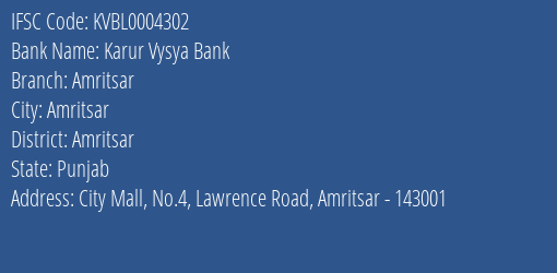 Karur Vysya Bank Amritsar Branch, Branch Code 004302 & IFSC Code KVBL0004302