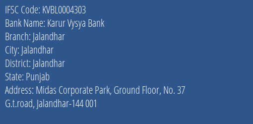 Karur Vysya Bank Jalandhar Branch, Branch Code 004303 & IFSC Code KVBL0004303