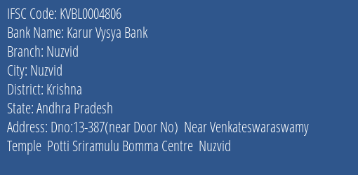 Karur Vysya Bank Nuzvid Branch Krishna IFSC Code KVBL0004806