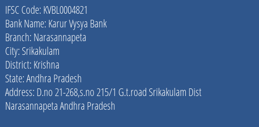 Karur Vysya Bank Narasannapeta Branch Krishna IFSC Code KVBL0004821