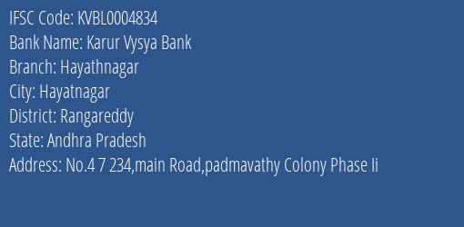 Karur Vysya Bank Hayathnagar Branch Rangareddy IFSC Code KVBL0004834