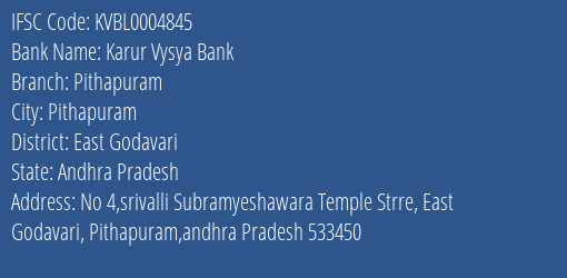 Karur Vysya Bank Pithapuram Branch East Godavari IFSC Code KVBL0004845