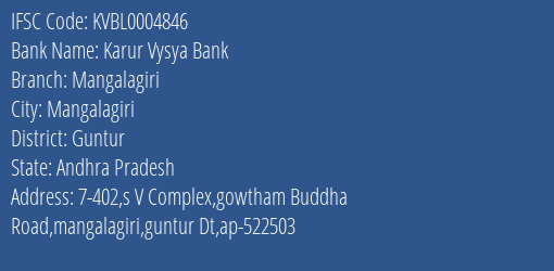 Karur Vysya Bank Mangalagiri Branch Guntur IFSC Code KVBL0004846