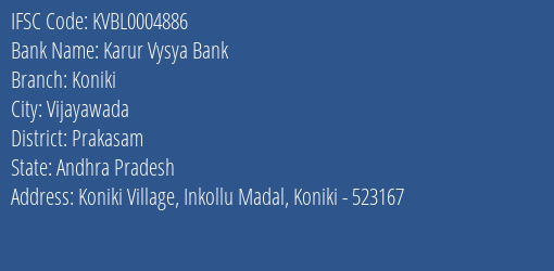 Karur Vysya Bank Koniki Branch Prakasam IFSC Code KVBL0004886