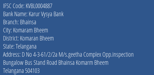 Karur Vysya Bank Bhainsa Branch Komaran Bheem IFSC Code KVBL0004887