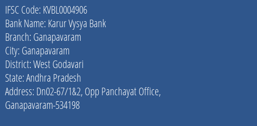 Karur Vysya Bank Ganapavaram Branch West Godavari IFSC Code KVBL0004906