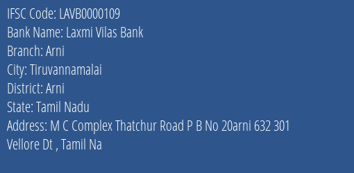 Laxmi Vilas Bank Arni Branch Arni IFSC Code LAVB0000109