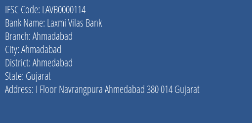 Laxmi Vilas Bank Ahmadabad Branch, Branch Code 000114 & IFSC Code LAVB0000114