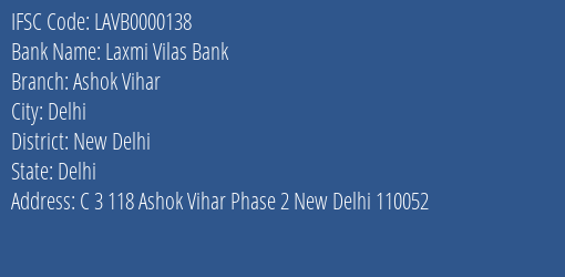 Laxmi Vilas Bank Ashok Vihar Branch, Branch Code 000138 & IFSC Code LAVB0000138