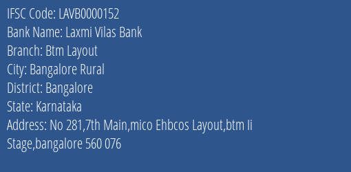 Laxmi Vilas Bank Btm Layout Branch IFSC Code