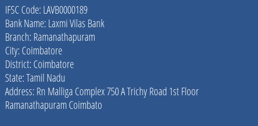 Laxmi Vilas Bank Ramanathapuram Branch Coimbatore IFSC Code LAVB0000189