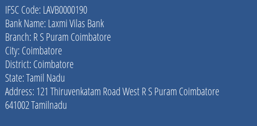 Laxmi Vilas Bank R S Puram Coimbatore Branch IFSC Code