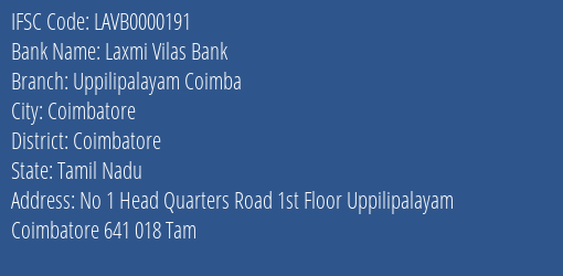 Laxmi Vilas Bank Uppilipalayam Coimba Branch IFSC Code
