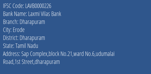 Laxmi Vilas Bank Dharapuram Branch Dharapuram IFSC Code LAVB0000226