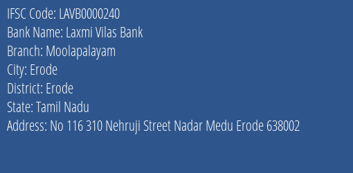 Laxmi Vilas Bank Moolapalayam Branch, Branch Code 000240 & IFSC Code LAVB0000240