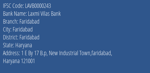 Laxmi Vilas Bank Faridabad Branch, Branch Code 000243 & IFSC Code LAVB0000243