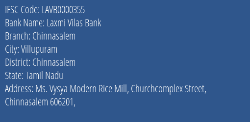 Laxmi Vilas Bank Chinnasalem Branch, Branch Code 000355 & IFSC Code LAVB0000355