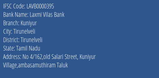 Laxmi Vilas Bank Kuniyur Branch Tirunelveli IFSC Code LAVB0000395