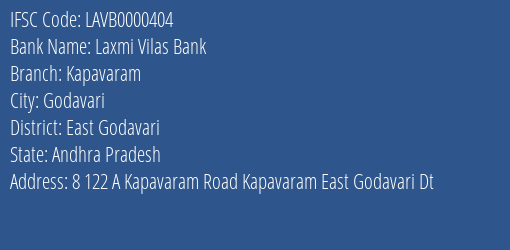 Laxmi Vilas Bank Kapavaram Branch, Branch Code 000404 & IFSC Code LAVB0000404